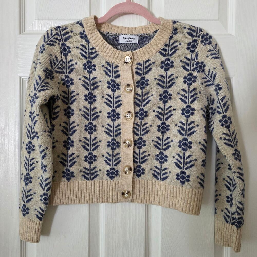 "Love Knits nyc" White and Blue Pop Floral Cardigan Sweater XS